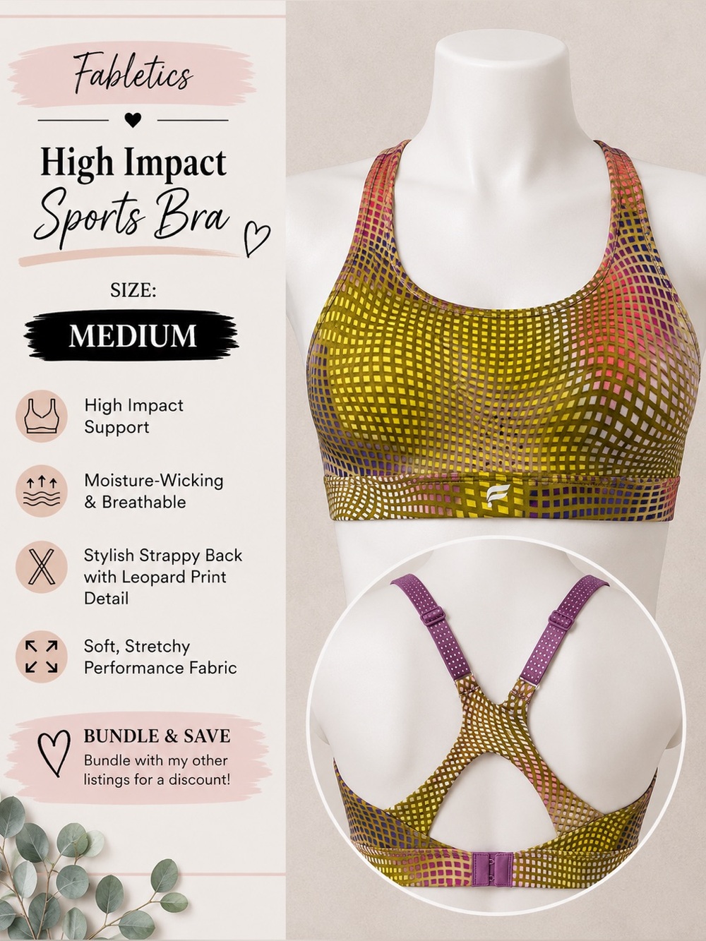 Fabletics NWT medium High Impact Sports Bra - green/purple Multi (Medium)